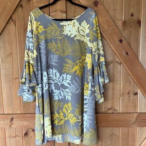 Manuhealii Gray and Yellow Floral Bell-Sleeve Dress